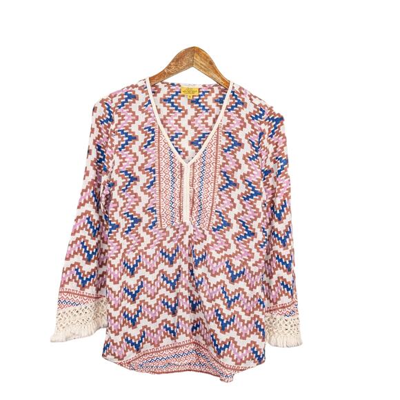 Roberta Roller Rabbit Women's Vneck Blouse Crochet cuffs multi color sz Small - Picture 5 of 9